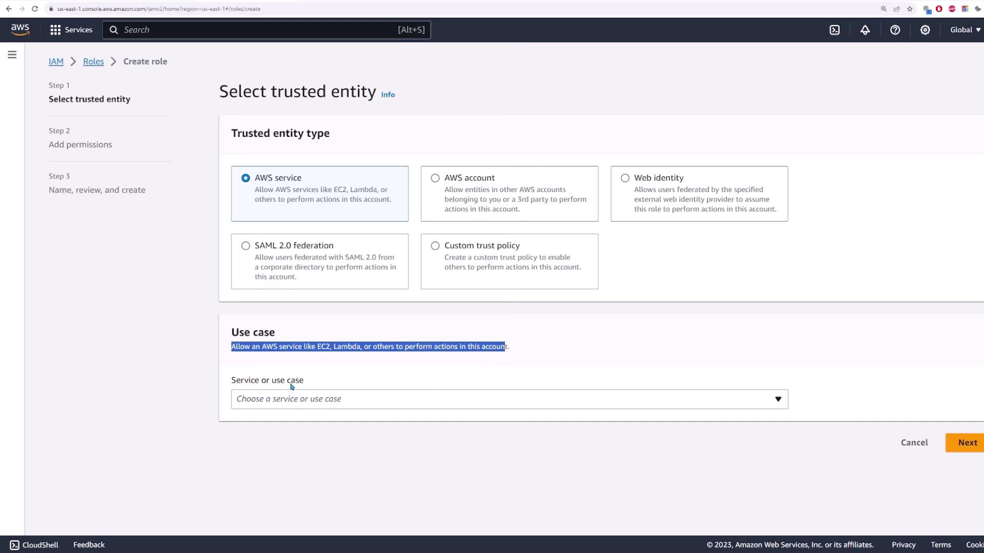 The image shows an AWS IAM console screen for creating a role, where the user is selecting a trusted entity type, such as AWS service, AWS account, or web identity.