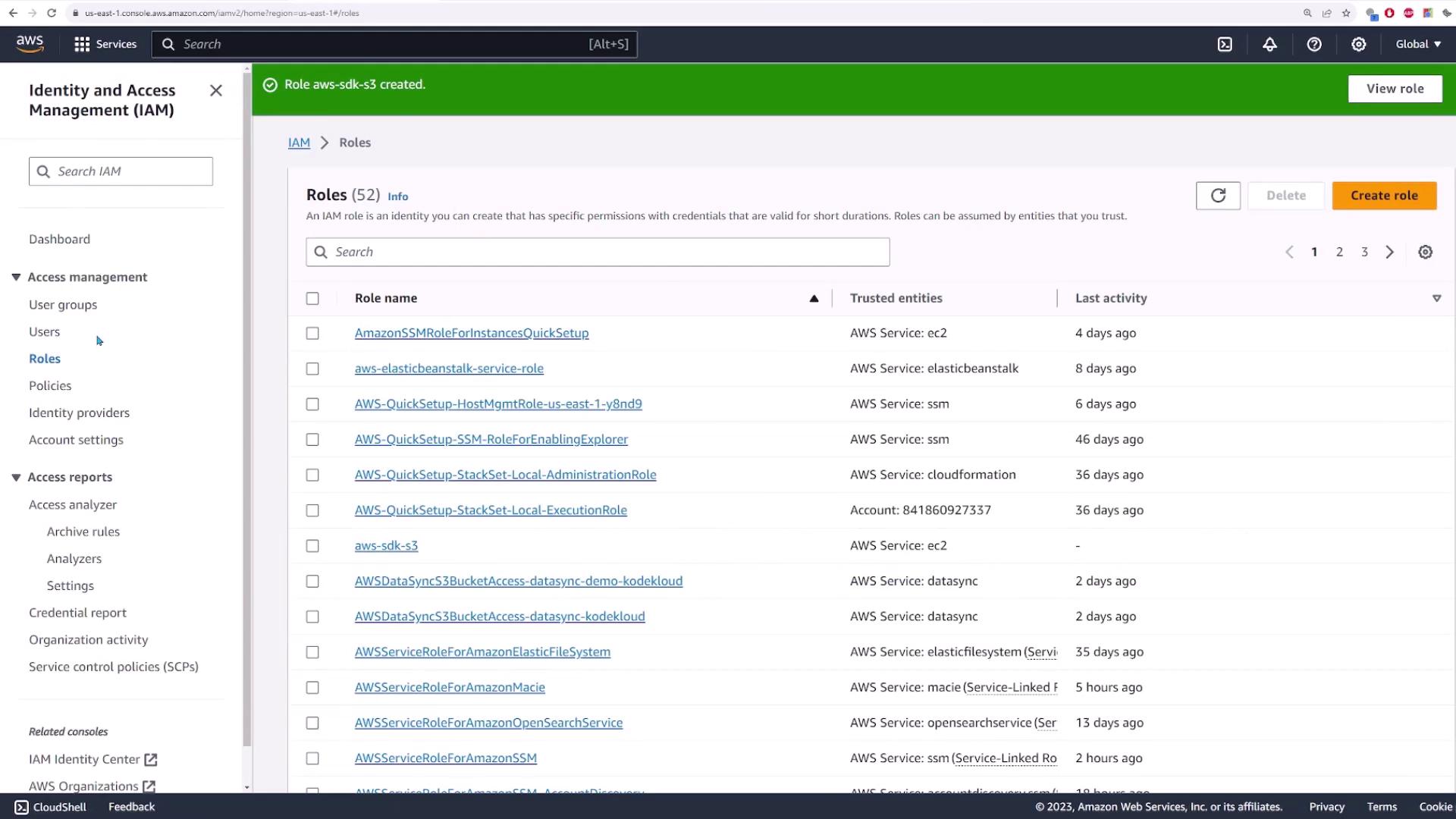 The image shows the AWS Identity and Access Management (IAM) console, specifically the "Roles" section, listing various IAM roles with their trusted entities and last activity details.