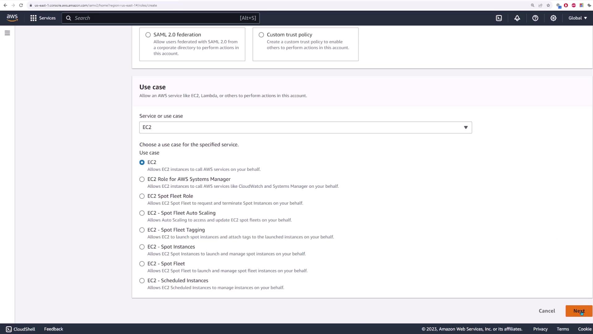 The image shows an AWS IAM console screen where a user is selecting a use case for creating a role, specifically for EC2 services. Various options for EC2 roles are listed, and the "Next" button is highlighted.
