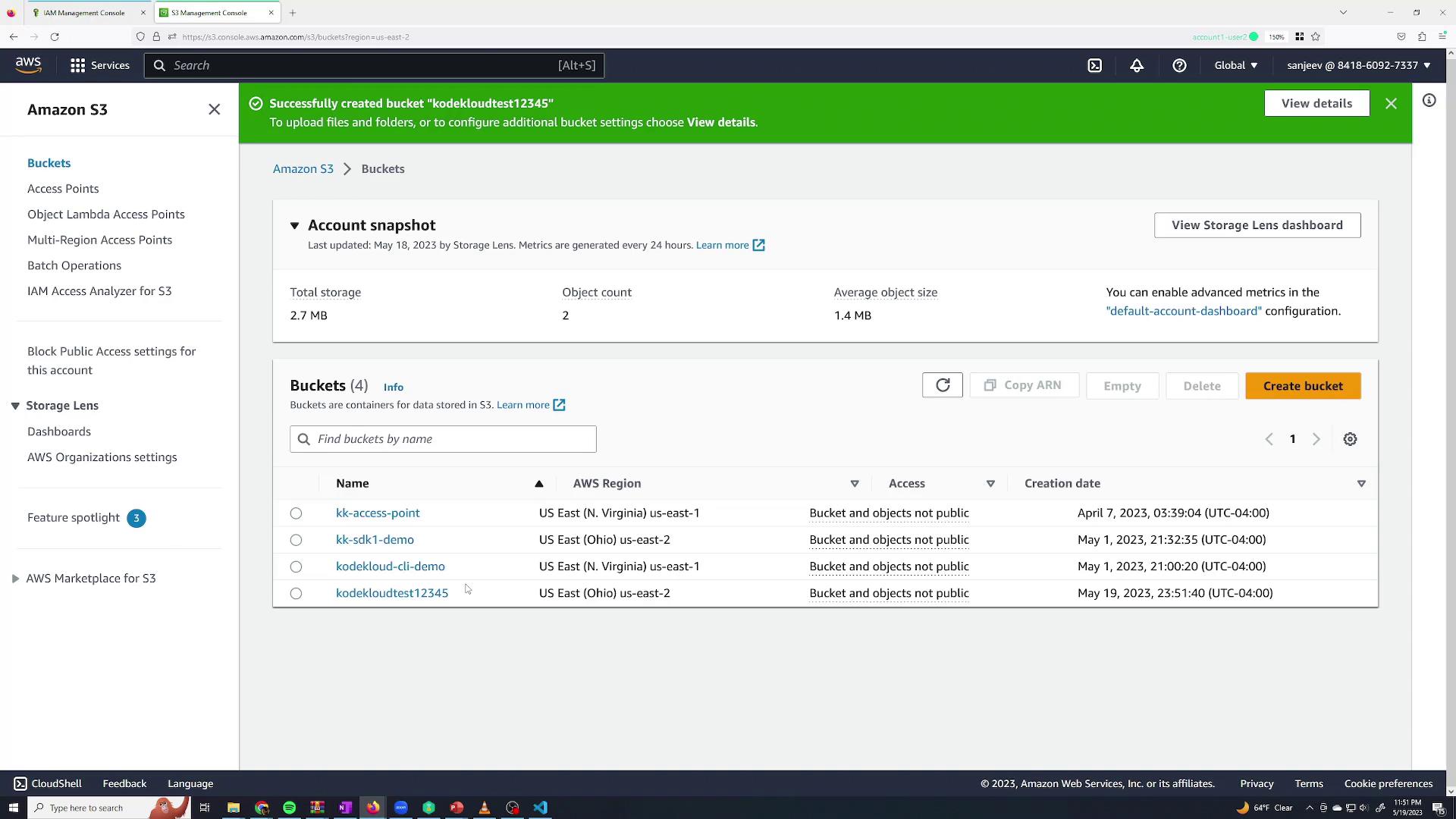 The image shows an Amazon S3 management console with a list of buckets, their regions, access status, and creation dates. A green notification at the top indicates a successfully created bucket named "kodekloudtest12345."