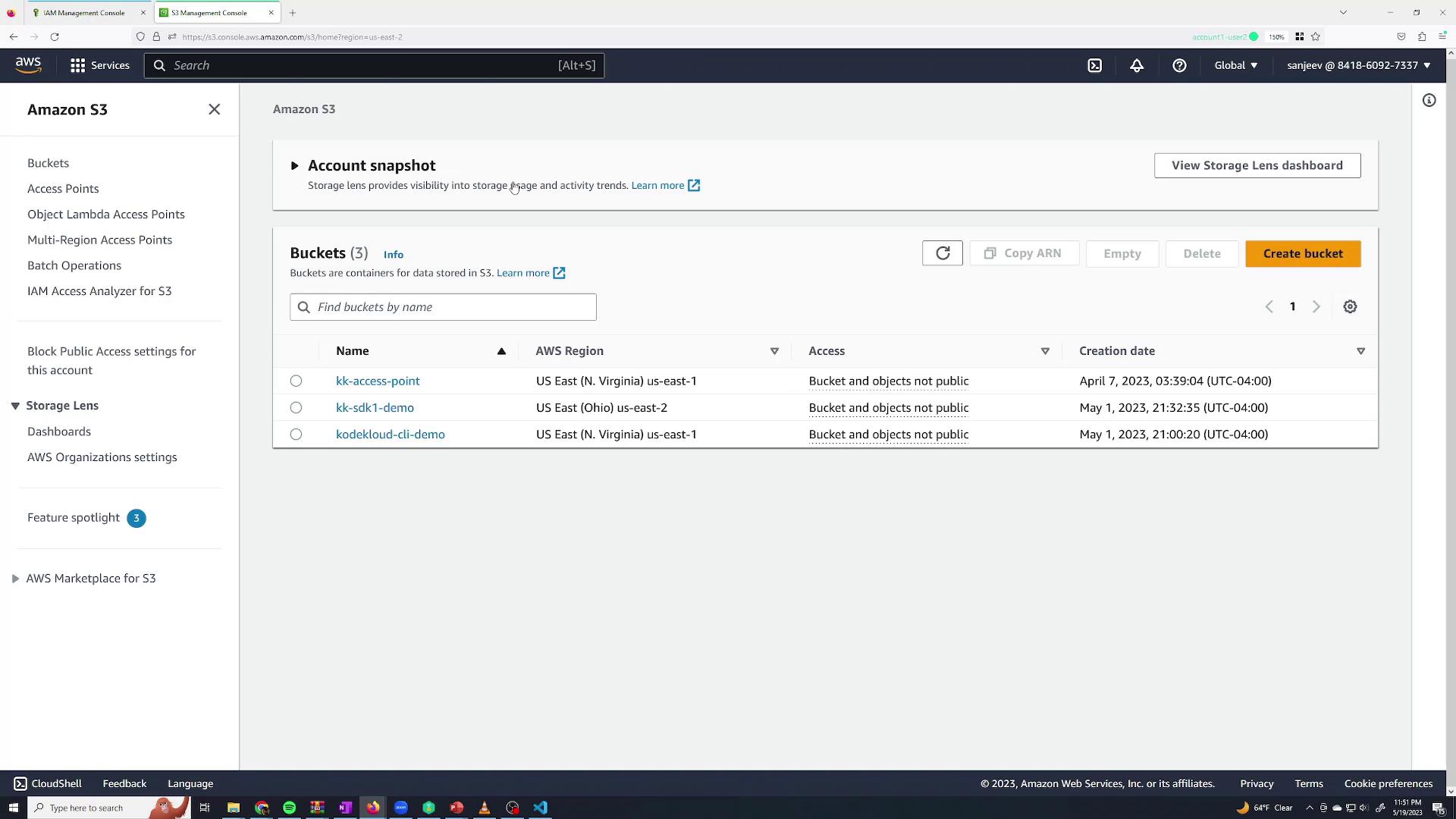 The image shows an Amazon S3 management console with a list of three S3 buckets, their regions, access status, and creation dates. The buckets are not publicly accessible.