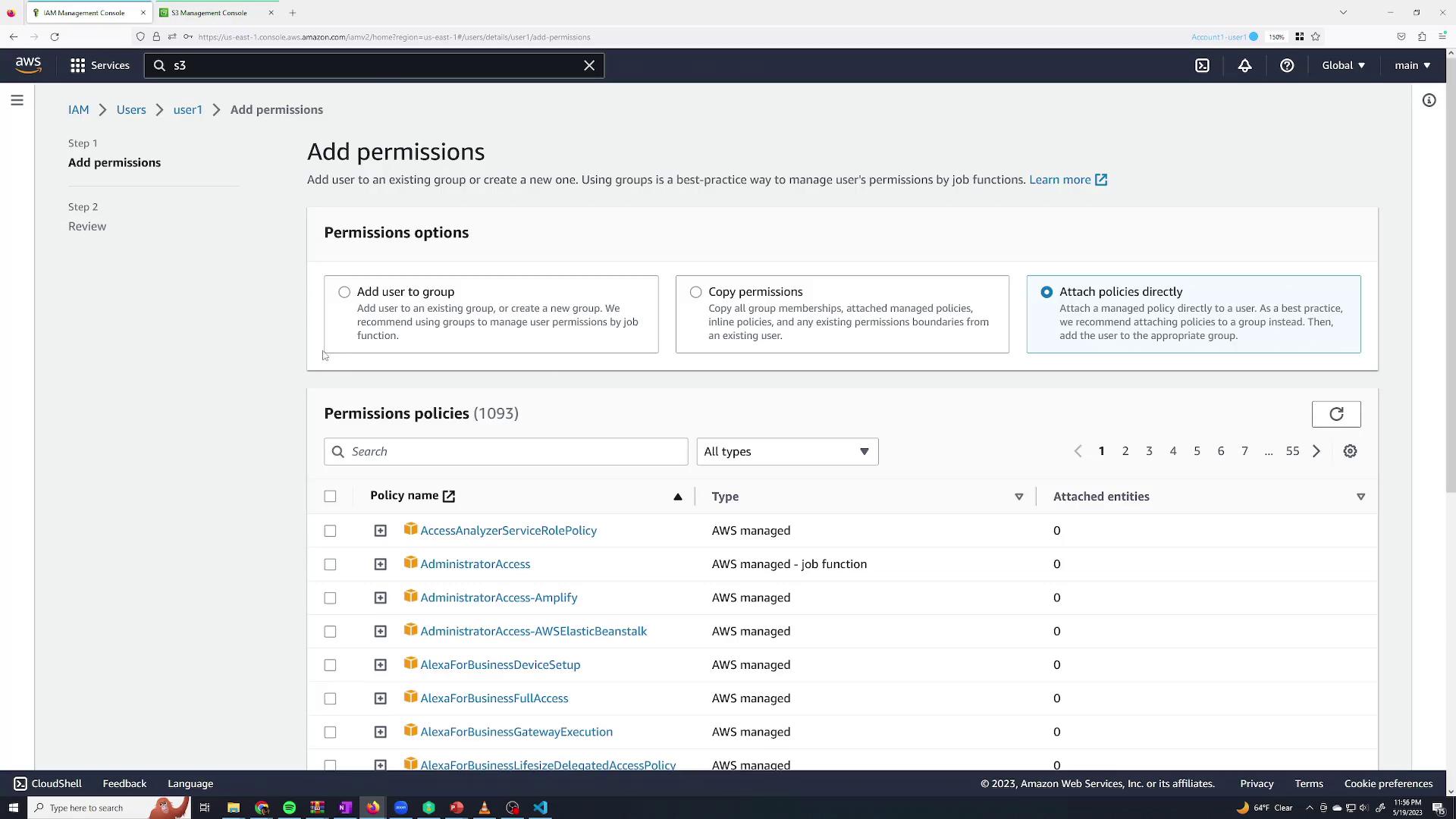The image shows the AWS IAM Management Console, specifically the "Add permissions" page for a user, with options to add the user to a group, copy permissions, or attach policies directly. A list of permission policies is displayed below.