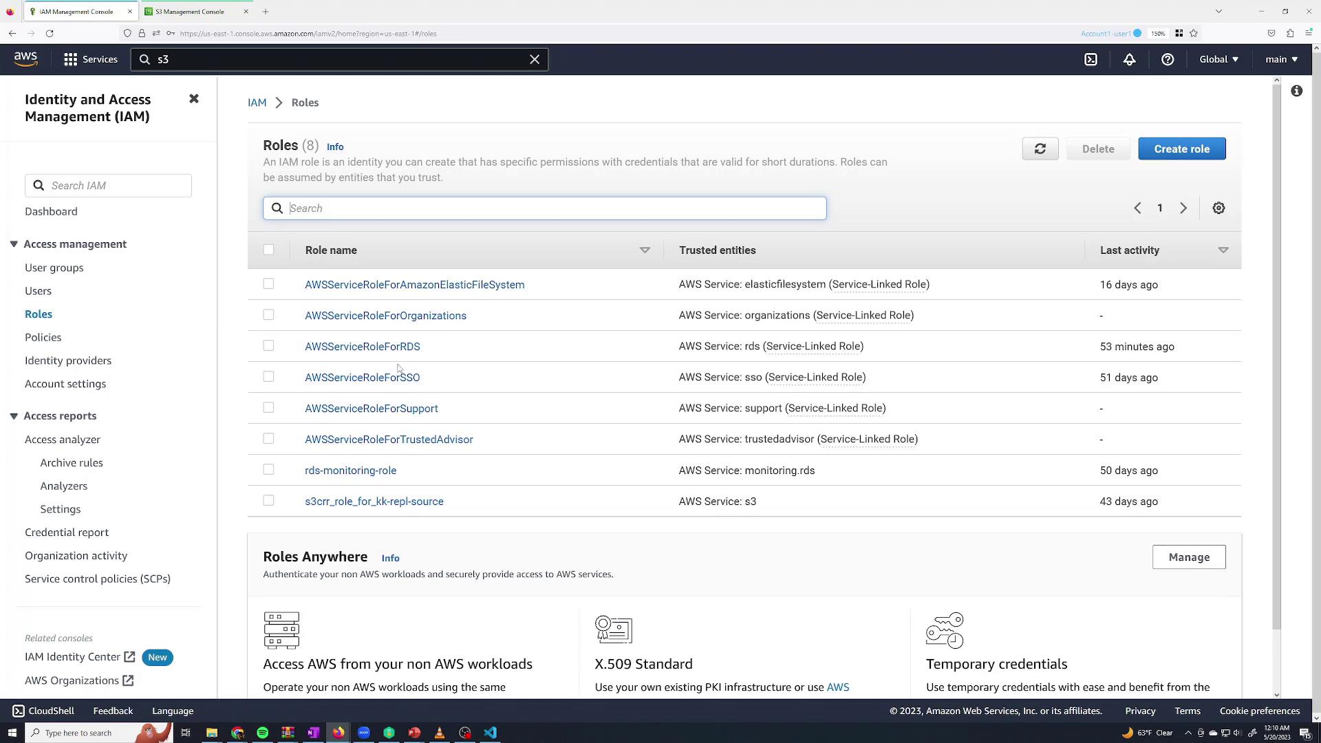 The image shows the AWS Identity and Access Management (IAM) console, specifically the "Roles" section, listing various service roles and their trusted entities.