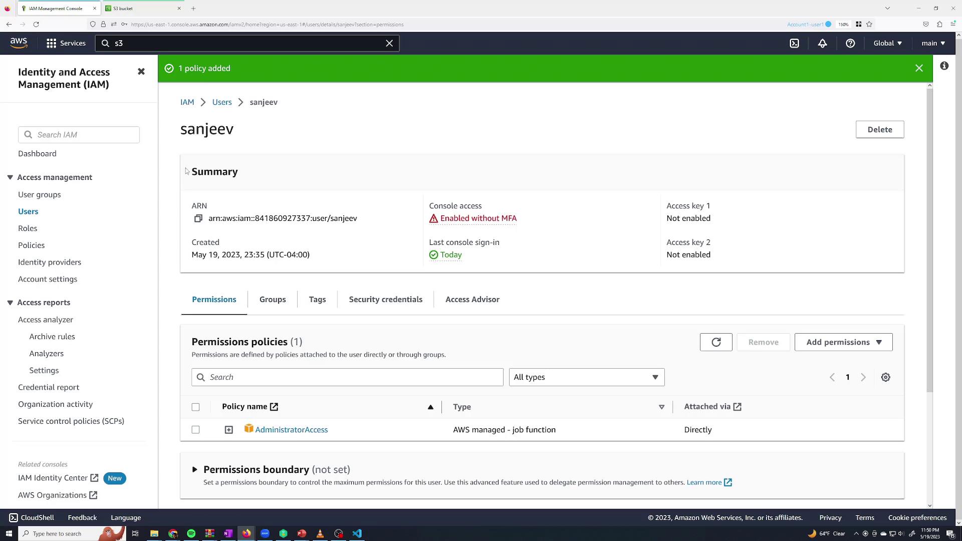 The image shows an AWS Identity and Access Management (IAM) console screen for a user named "sanjeev," displaying user details, permissions, and a warning about console access being enabled without MFA.