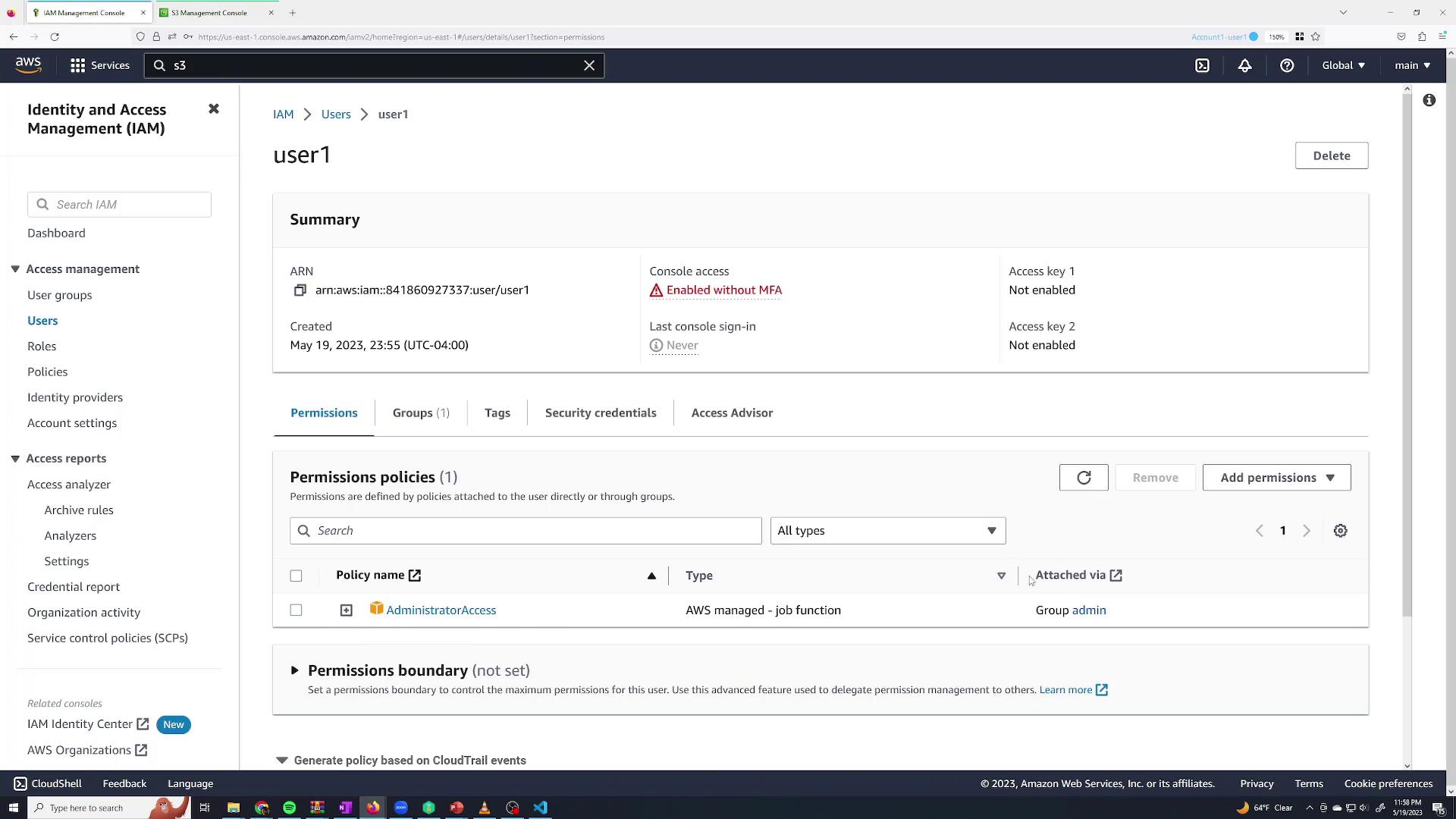 The image shows an AWS Identity and Access Management (IAM) console screen for a user named "user1," displaying their summary, permissions policies, and access settings. The user has console access enabled without MFA and is part of the "admin" group with "AdministratorAccess" permissions.