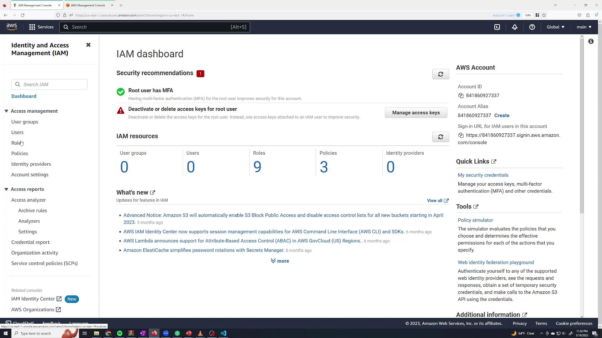 The image shows an AWS IAM dashboard with security recommendations and IAM resources statistics, including user groups, users, roles, policies, and identity providers. It also displays account details and quick links for managing security credentials.