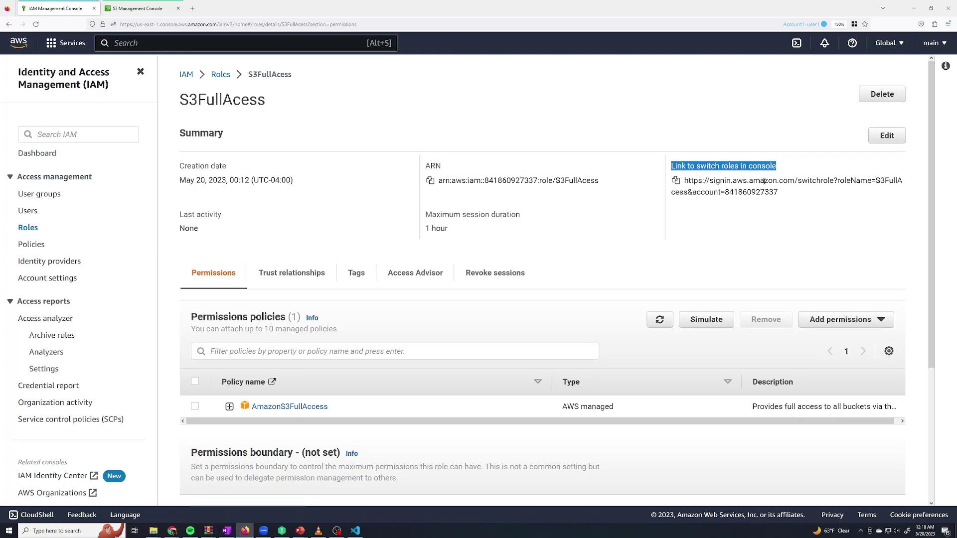 The image shows the AWS Identity and Access Management (IAM) console screen, displaying details of a role named "S3FullAccess" with permissions for Amazon S3. The role has an AWS managed policy attached and a maximum session duration of one hour.