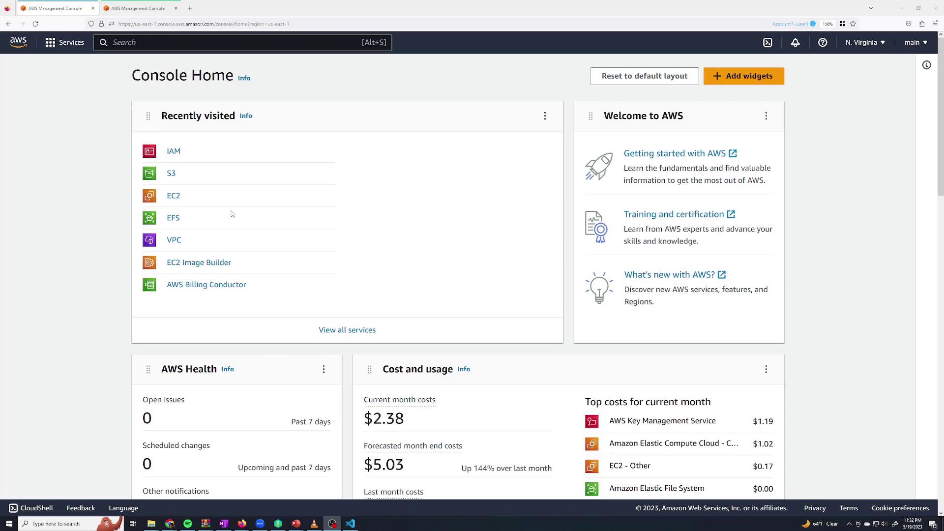 The image shows the AWS Management Console home page, displaying recently visited services, AWS health status, cost and usage information, and a welcome section with resources.