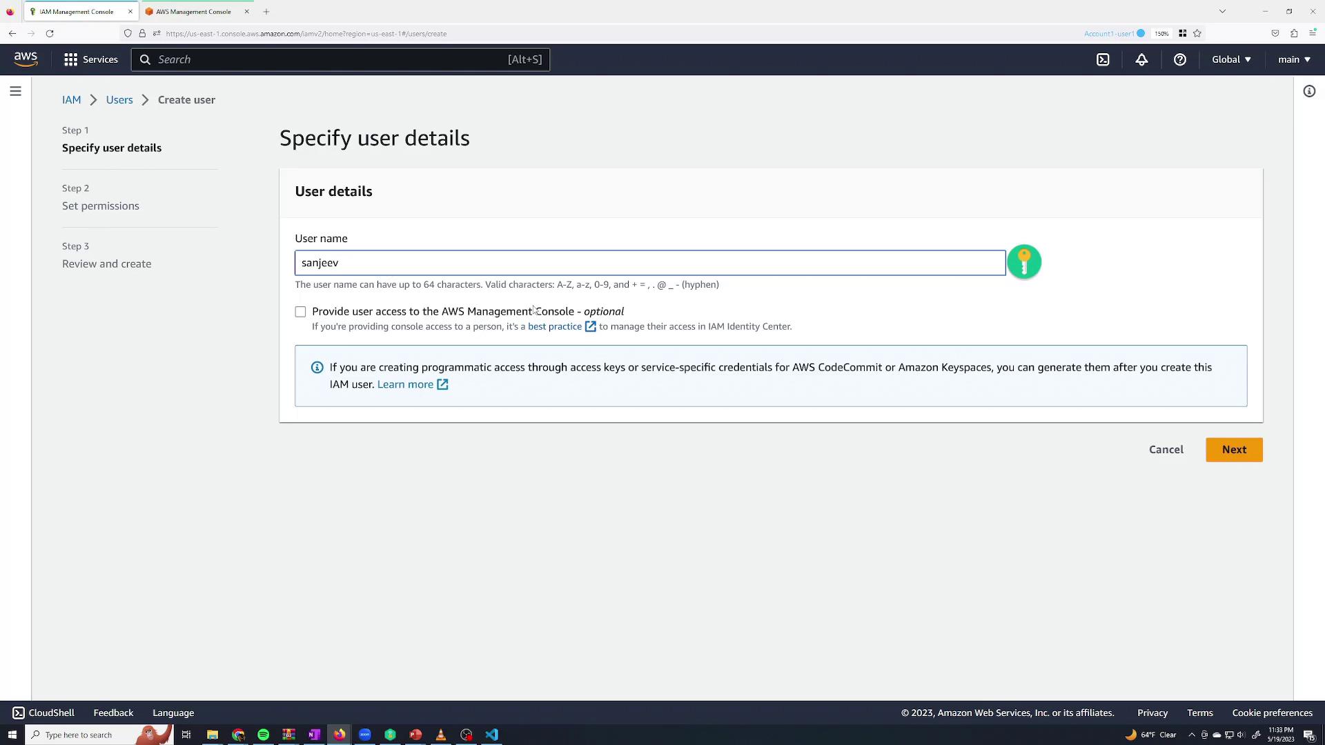 The image shows the AWS Management Console, specifically the "Specify user details" page for creating a new IAM user. The username "sanjeev" is entered in the user details section.