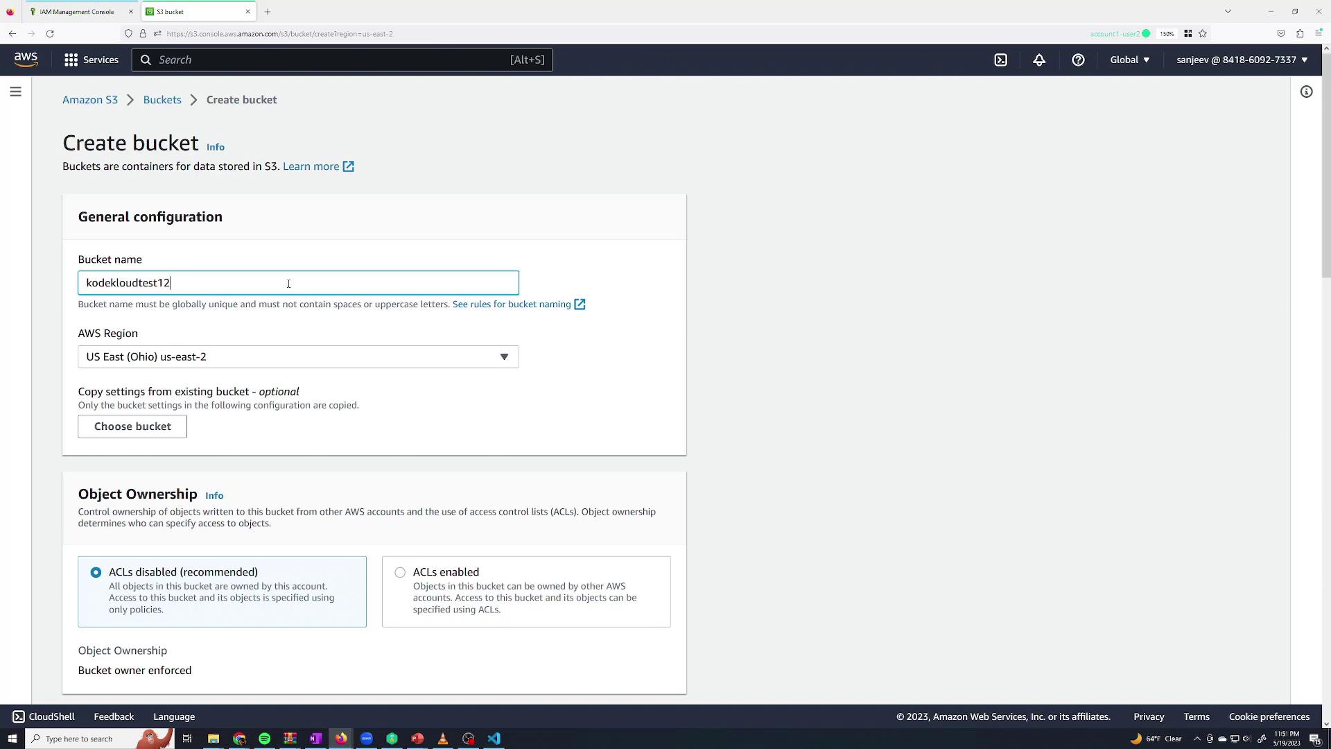 The image shows the AWS S3 console interface for creating a new bucket, with fields for bucket name, AWS region, and object ownership settings.