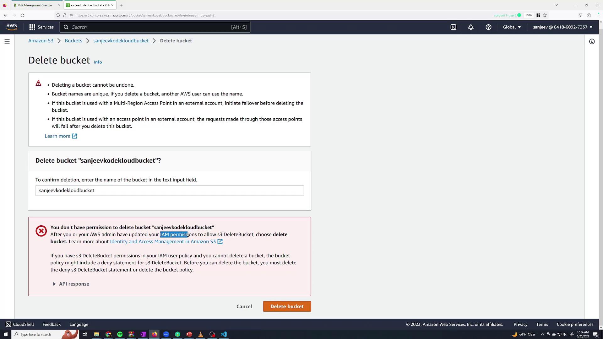 The image shows an AWS S3 console screen for deleting a bucket named "sanjeevkodekloudbucket," with a warning about permissions needed to delete the bucket.