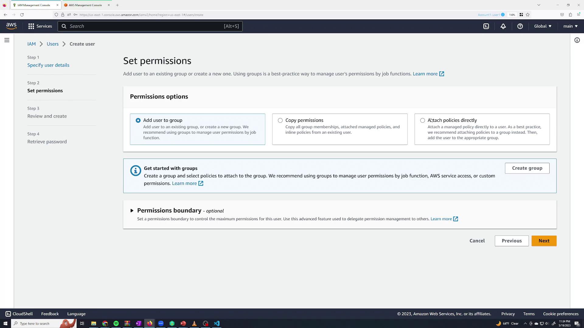 The image shows the "Set permissions" page in the AWS Management Console for creating a user, with options to add the user to a group, copy permissions, or attach policies directly. There is also an option to set a permissions boundary.