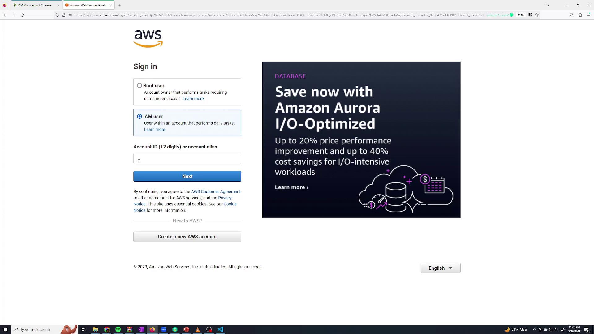 The image shows the AWS sign-in page with options for "Root user" and "IAM user" login, alongside an advertisement for Amazon Aurora I/O-Optimized.
