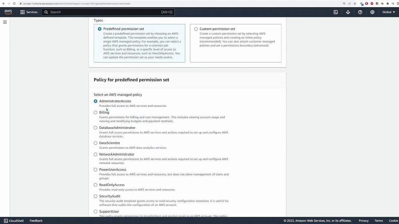 The image shows the AWS console interface for selecting a predefined permission set, with options for various AWS managed policies like AdministratorAccess, Billing, and DatabaseAdministrator.