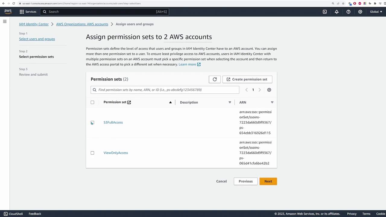 The image shows the AWS console interface for assigning permission sets to AWS accounts, with options for "S3FullAccess" and "ViewOnlyAccess." There are navigation steps on the left and a "Next" button at the bottom.