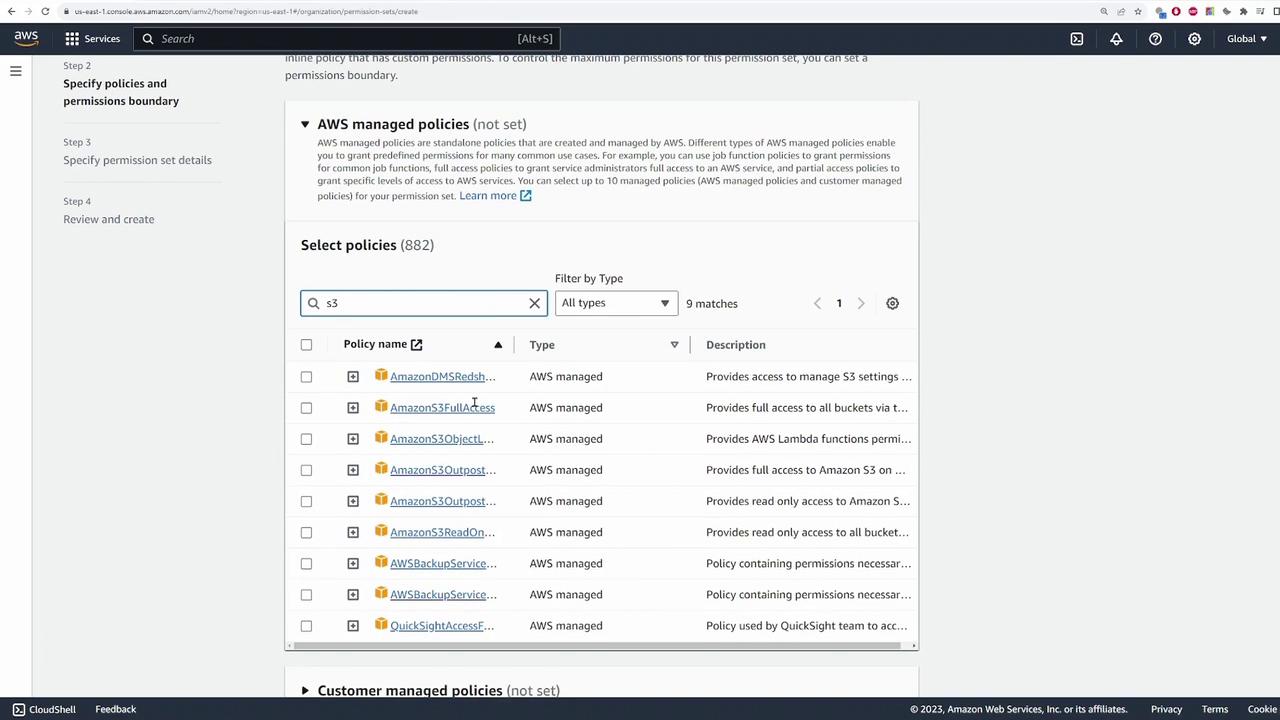 The image shows the AWS console interface where a user is selecting managed policies related to S3. Various policy options are listed with their names, types, and descriptions.