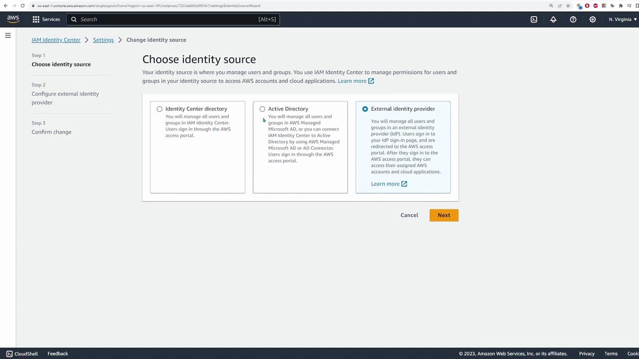 The image shows an AWS IAM Identity Center interface where users can choose an identity source, with options for Identity Center directory, Active Directory, and External identity provider. There are navigation steps on the left and a "Next" button at the bottom.