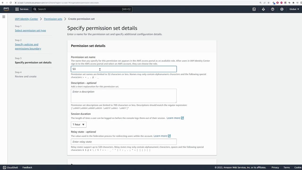 The image shows a web interface for creating a permission set in AWS IAM Identity Center, where users can specify details like the permission set name, description, session duration, and relay state.