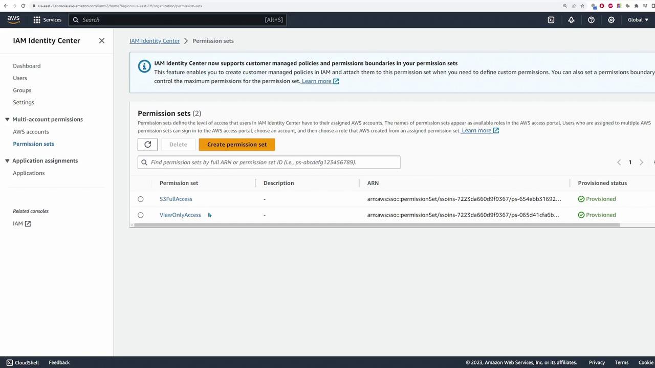 The image shows the AWS IAM Identity Center interface, specifically the "Permission sets" section, listing two permission sets: "S3FullAccess" and "ViewOnlyAccess," both with a status of "Provisioned."