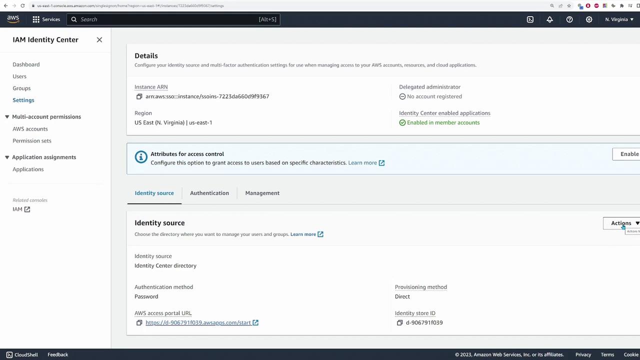 The image shows the AWS IAM Identity Center settings page, detailing configuration options for identity source, authentication, and management. It includes information about the instance ARN, region, and identity source settings.