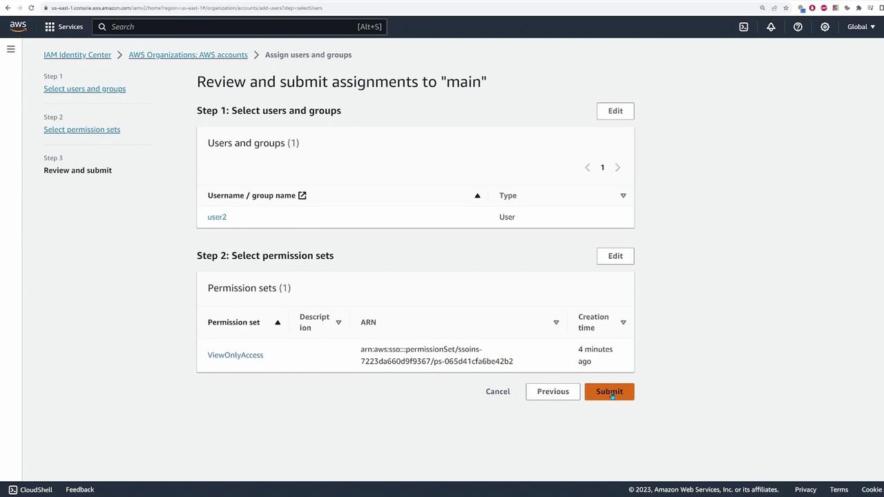 The image shows an AWS IAM Identity Center interface where a user is reviewing and submitting assignments for a user named "user2" with a "ViewOnlyAccess" permission set. The interface includes options to edit selections and a "Submit" button.