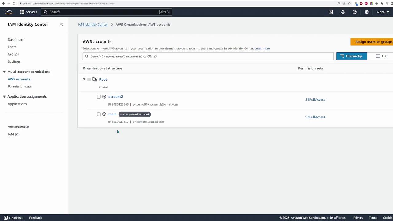 The image shows the AWS Identity Center interface, displaying a list of AWS accounts with their organizational structure and permission sets. Two accounts, "account2" and "main," are listed under the "Root" organizational unit, both with "S3FullAccess" permissions.