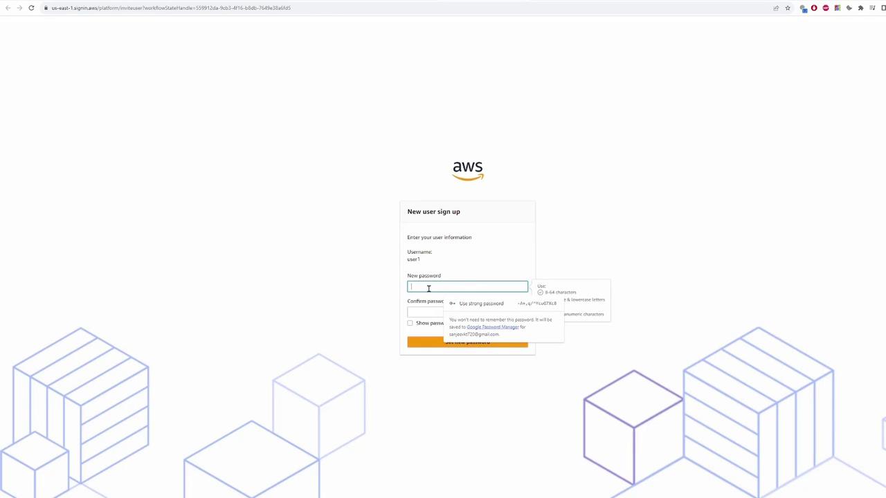 The image shows an AWS new user sign-up page with fields for entering a username and password. There are geometric cube designs in the background.