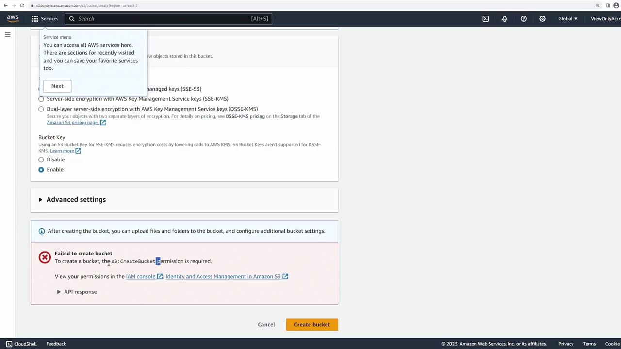 The image shows an AWS S3 console screen with a notification indicating a failure to create a bucket due to missing permissions. A tooltip provides guidance on accessing AWS services.