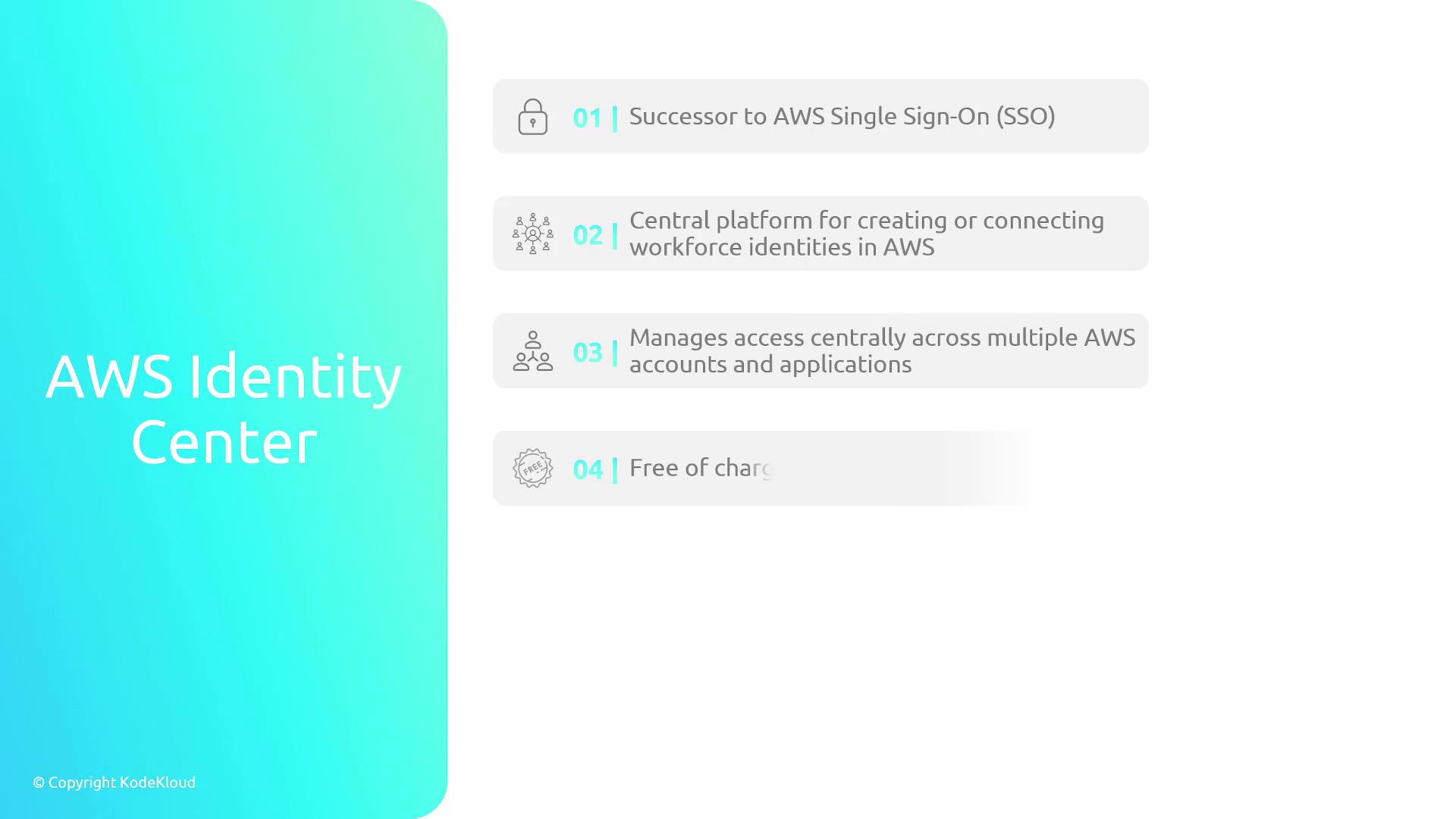 The image is an informational graphic about AWS Identity Center, highlighting its features such as being the successor to AWS Single Sign-On, a central platform for workforce identities, centralized access management, and being free of charge.