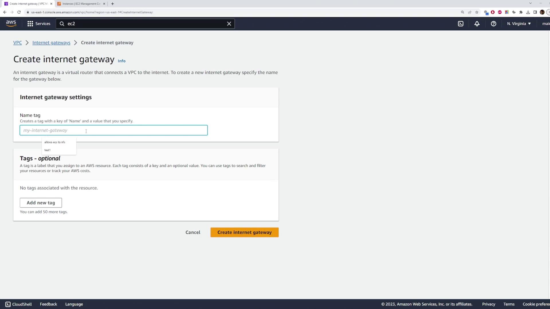 The image shows an AWS console interface for creating an internet gateway, with fields for naming and tagging the gateway.