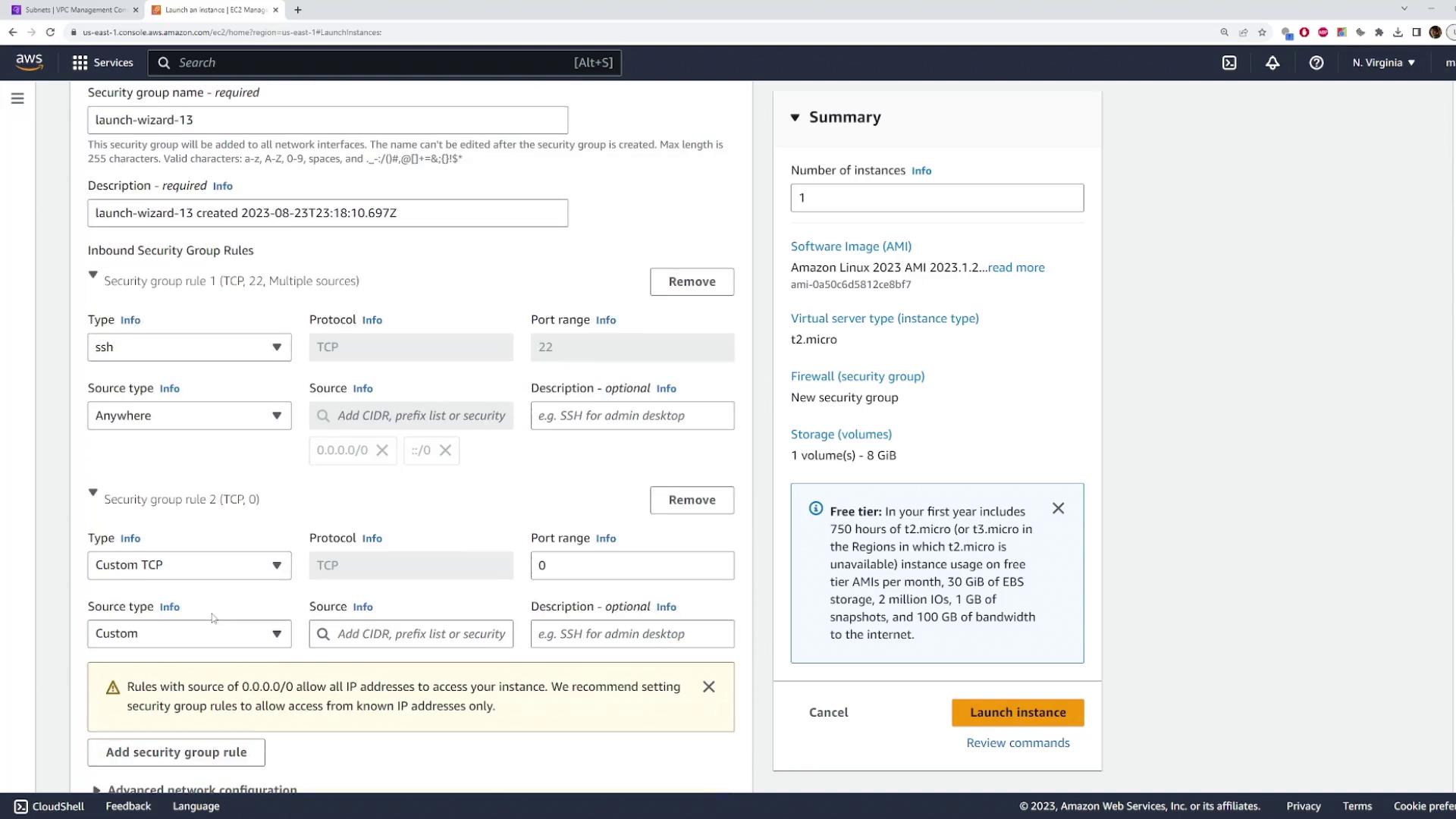The image shows an AWS EC2 instance launch configuration screen, detailing security group settings and a summary of the instance specifications. It includes options for setting inbound security rules and a summary of the instance type and storage.