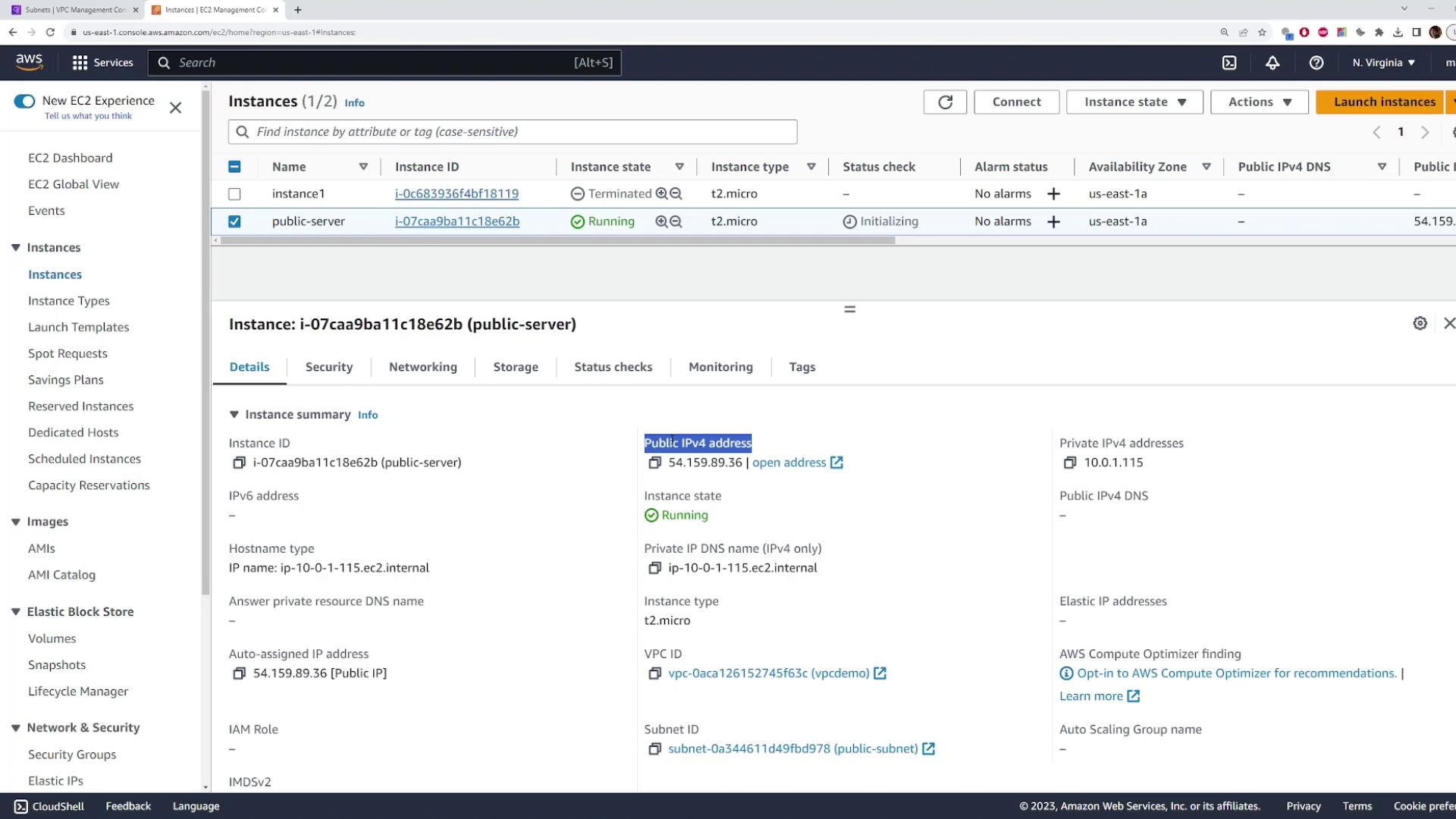 The image shows an AWS EC2 management console with details of two instances, one terminated and one running, including instance IDs, types, and public IP addresses.