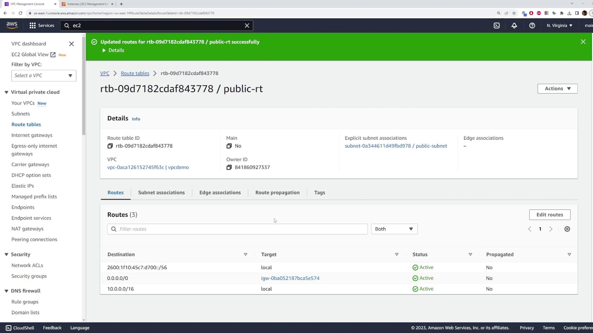The image shows an AWS Management Console screen displaying details of a route table in a VPC, including route destinations and their targets.