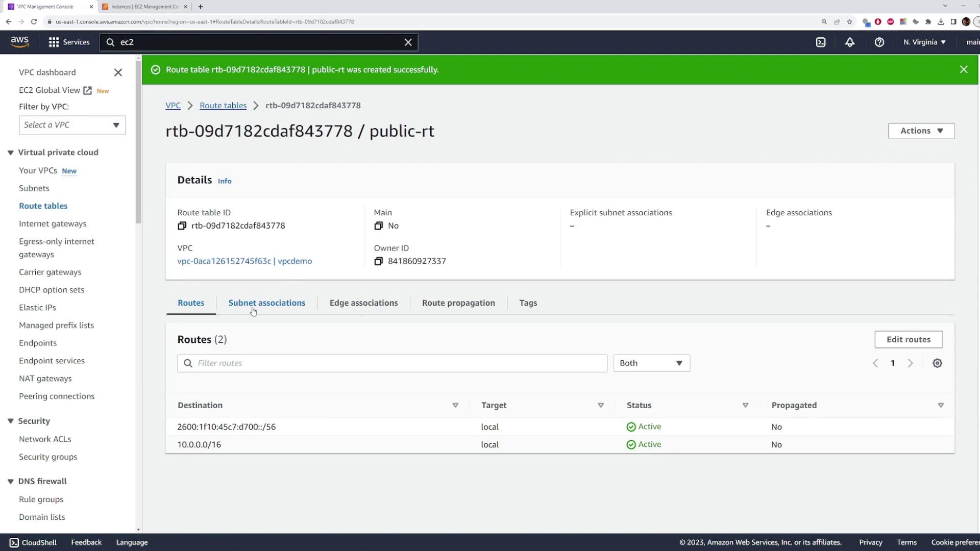 The image shows an AWS Management Console screen displaying details of a route table within a Virtual Private Cloud (VPC), including route information and subnet associations.