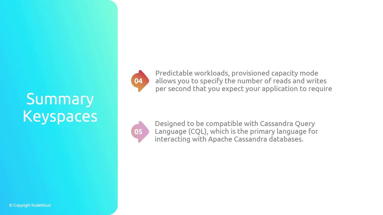 The image is a slide titled "Summary Keyspaces" with points about predictable workloads and compatibility with Cassandra Query Language (CQL). It features a gradient background and numbered bullet points.