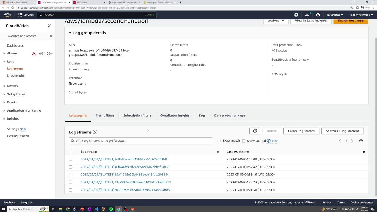 The image shows an AWS CloudWatch interface displaying log group details for a Lambda function, including log streams and their timestamps.