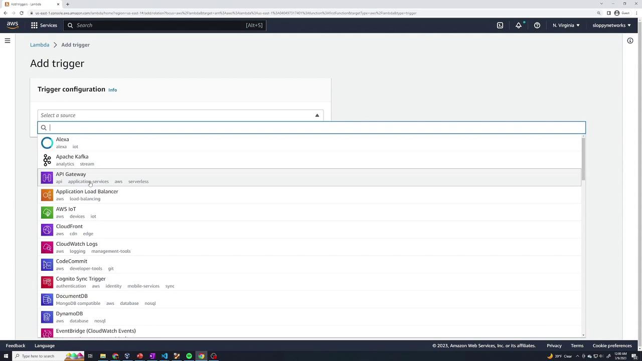 The image shows the AWS Lambda console with the "Add trigger" section open, displaying a list of potential trigger sources such as Alexa, Apache Kafka, and API Gateway.