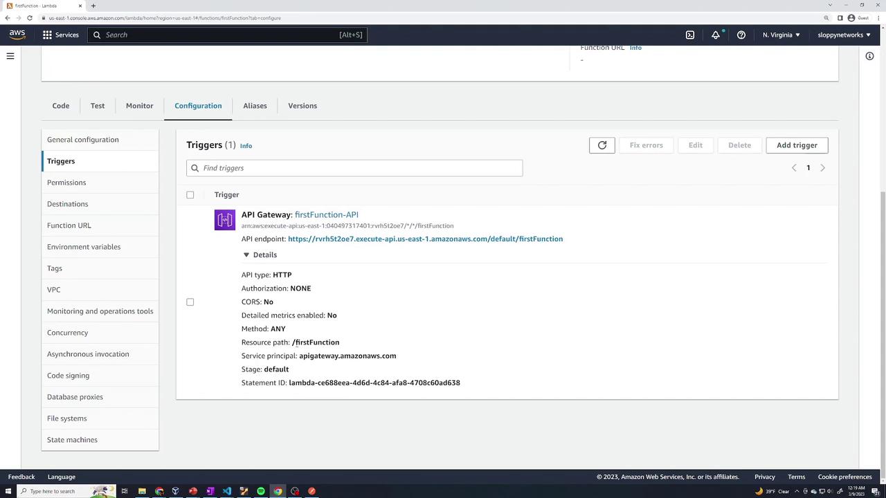 The image shows an AWS Lambda console with a configuration tab open, displaying details of an API Gateway trigger for a function named "firstFunction-API."