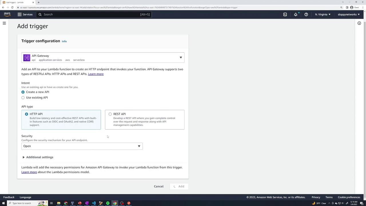 The image shows the AWS Lambda console where a user is configuring an API Gateway trigger. Options for creating a new API or using an existing one, along with API type and security settings, are visible.