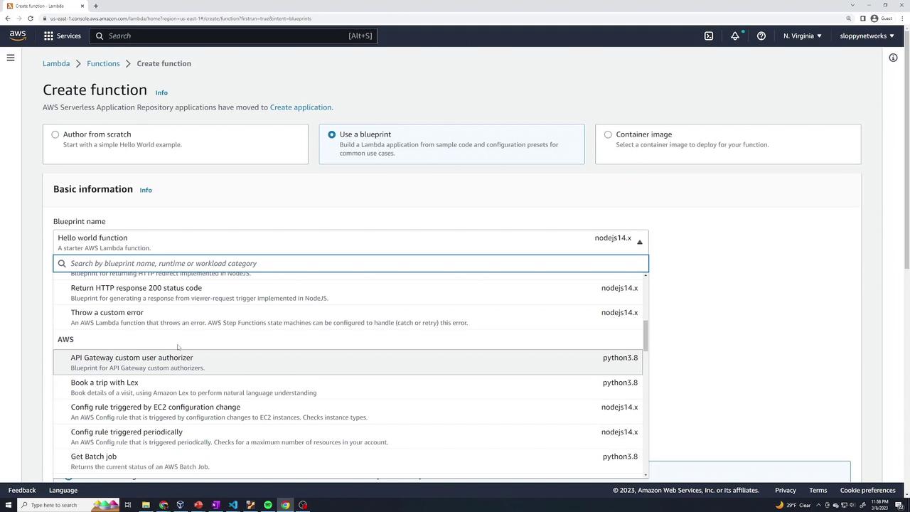 The image shows the AWS Lambda console where a user is creating a new function. It displays options for creating the function using a blueprint, with various templates and runtimes listed.
