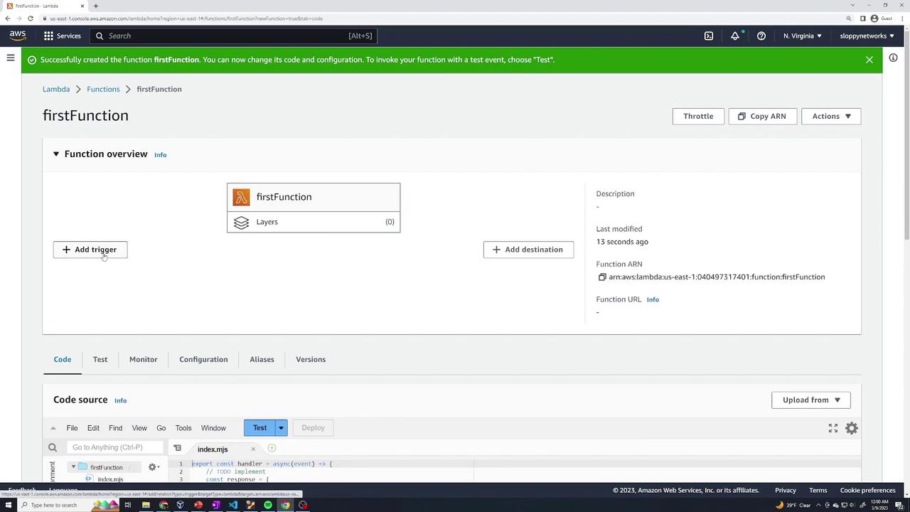 The image shows an AWS Lambda console where a function named "firstFunction" has been successfully created. It includes options to add triggers, destinations, and view the function's code source.