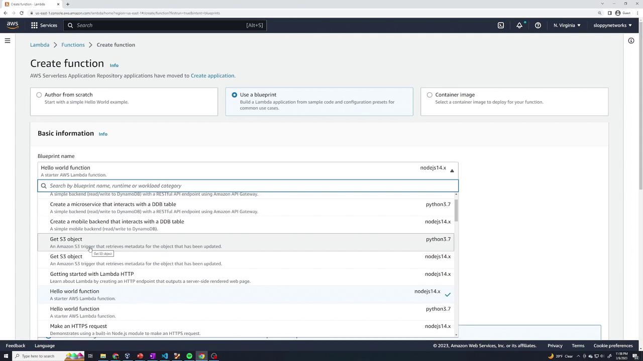 The image shows the AWS Lambda console where a user is creating a function using a blueprint. Various blueprints and runtime options are listed for selection.