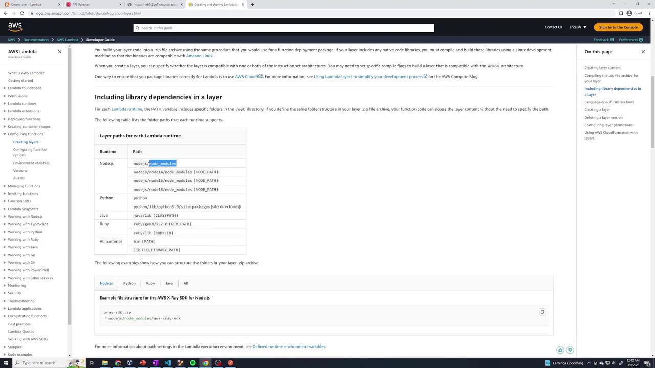 The image shows a webpage from the AWS Lambda Developer Guide, detailing how to include library dependencies in a layer for different Lambda runtimes like Node.js, Python, Java, and Ruby. It includes a table with paths for each runtime and an example folder structure for Node.js.