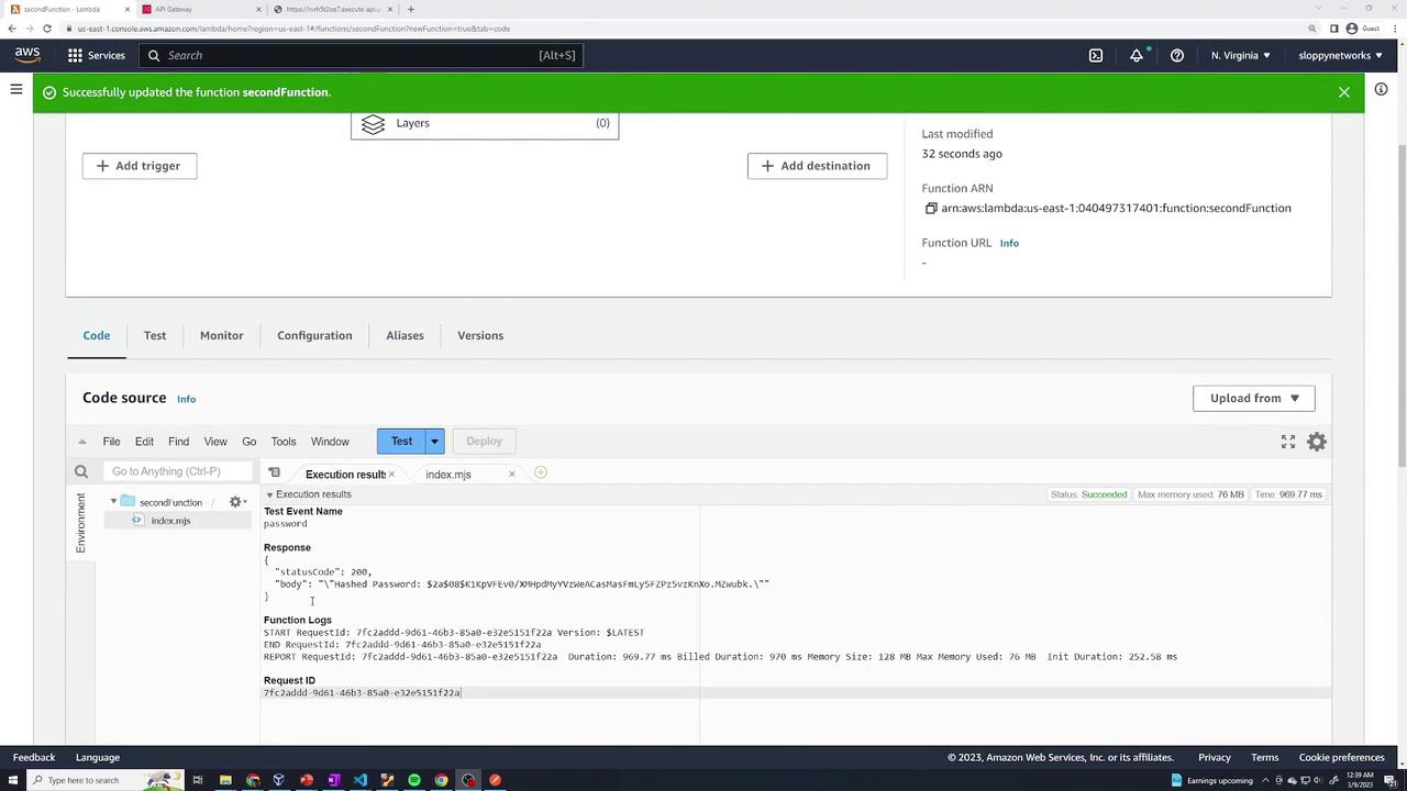 The image shows an AWS Lambda console where a function named "secondFunction" has been successfully updated. The console displays the code editor, execution results, and function logs.