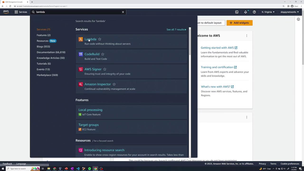 The image shows the AWS Management Console with a search for "lambda," displaying various AWS services and features related to the search term. The console includes options like Lambda, CodeBuild, AWS Signer, and Amazon Inspector.