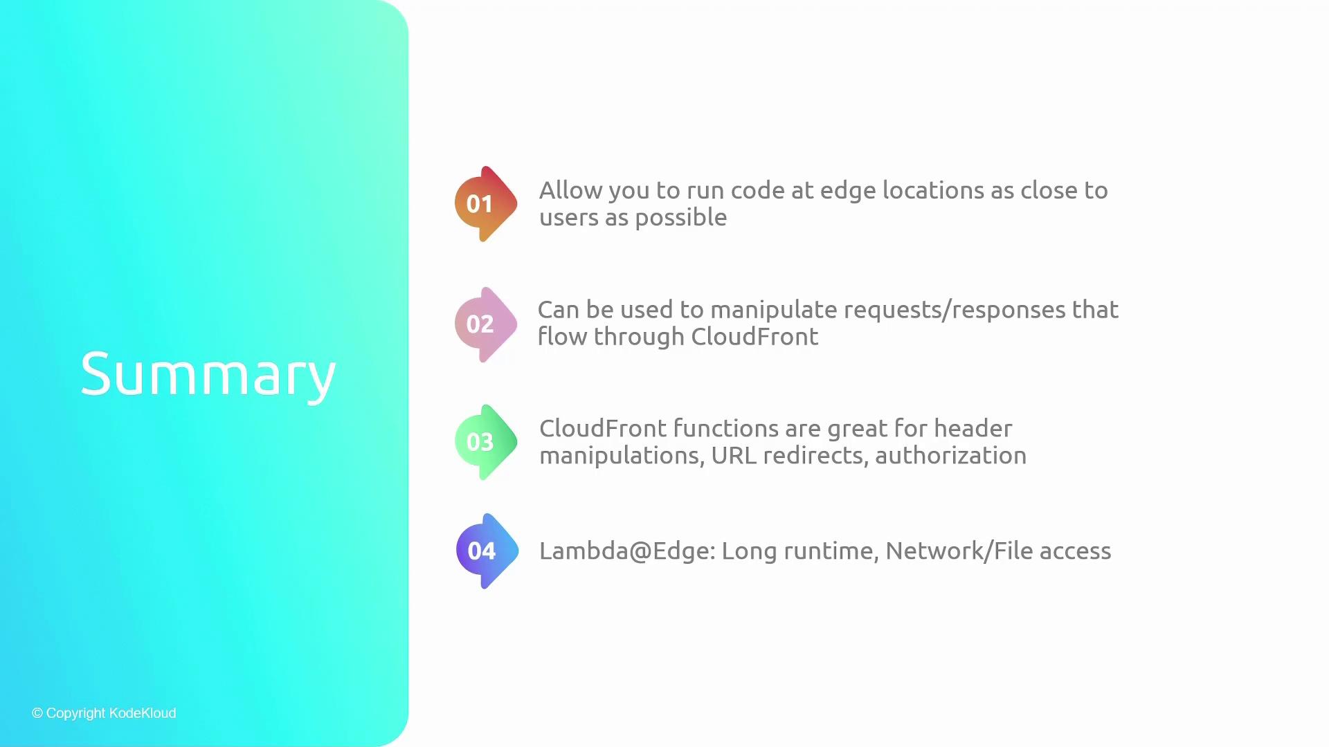 The image is a summary slide highlighting key points about running code at edge locations, manipulating requests/responses through CloudFront, and the use of CloudFront functions and Lambda@Edge.