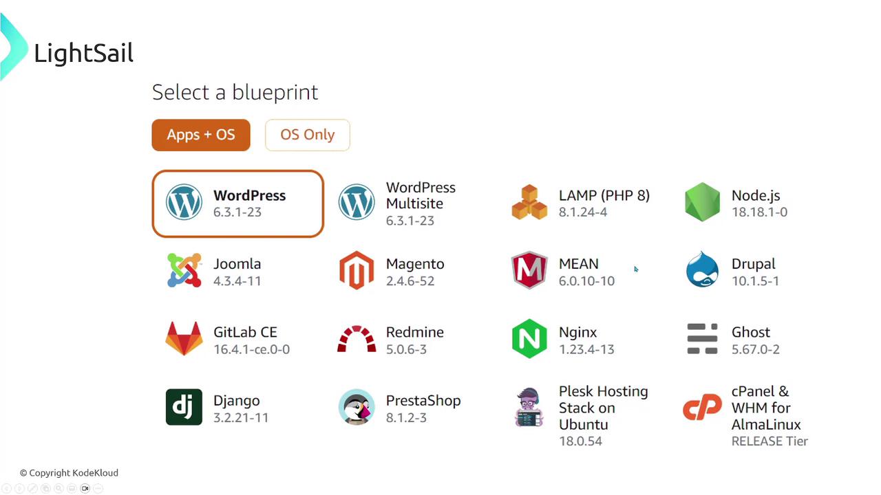The image shows a selection of software blueprints available on LightSail, including applications like WordPress, Joomla, Magento, and others, with their respective version numbers.