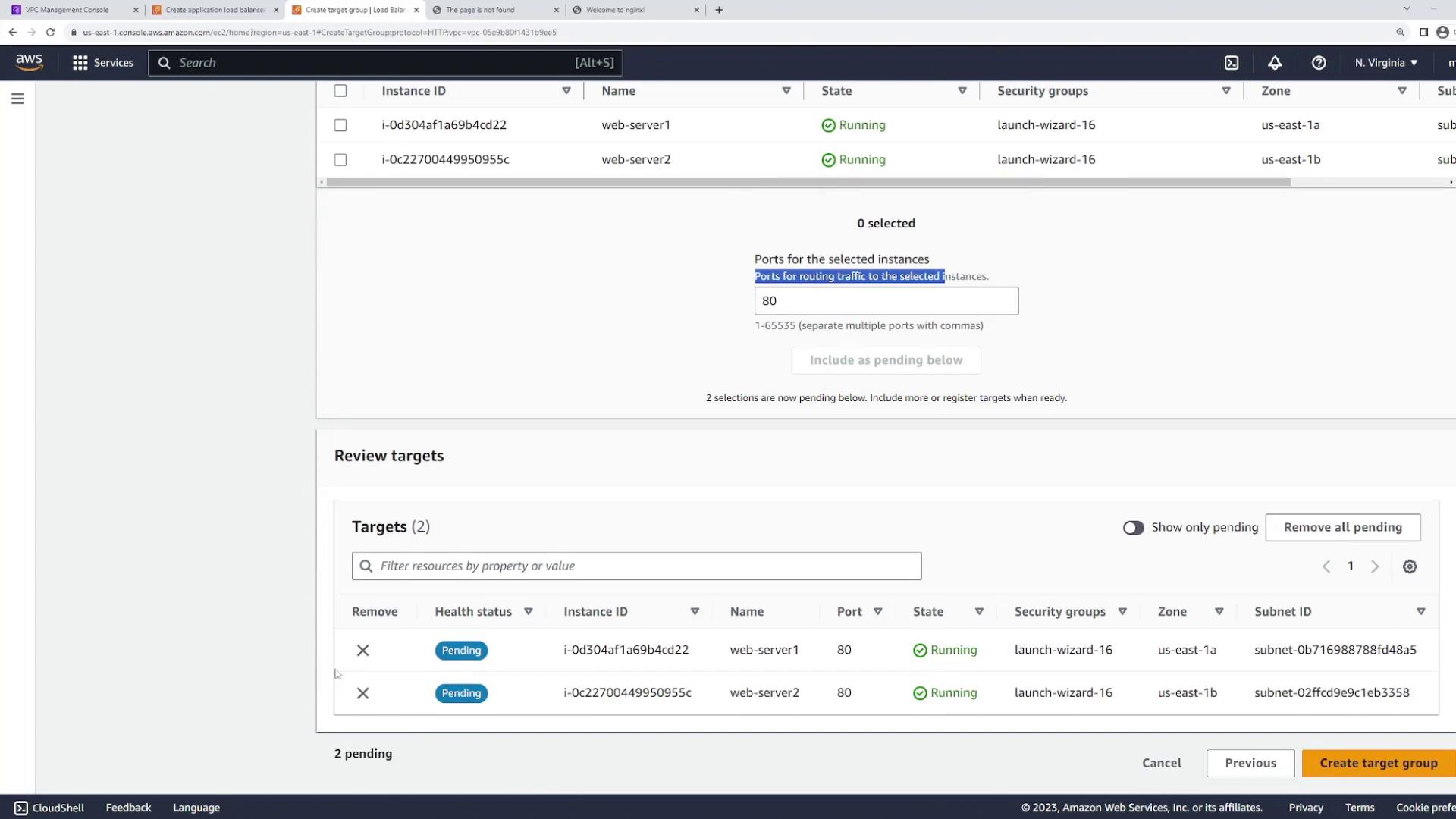 The image shows an AWS Management Console screen where two EC2 instances, "web-server1" and "web-server2," are being configured as targets for a load balancer, with both instances running and pending health status checks.