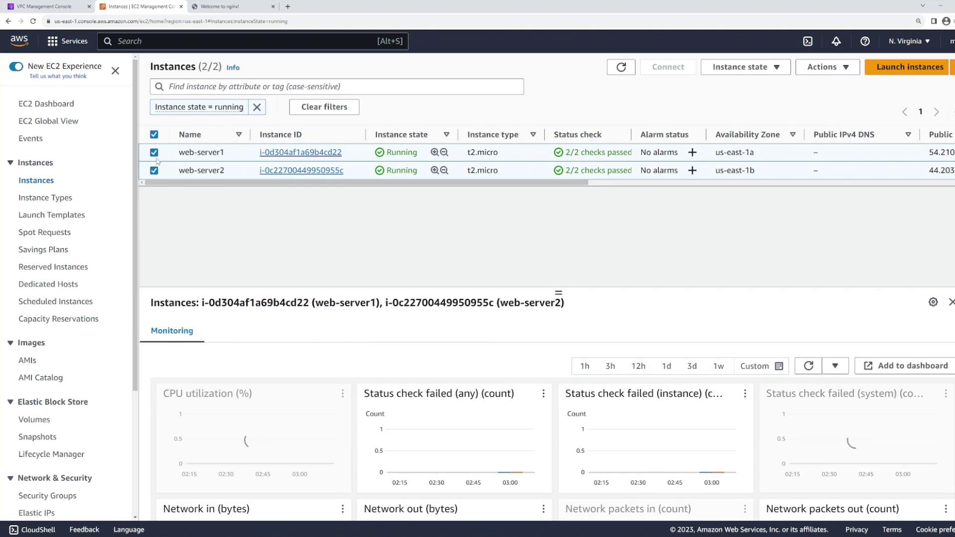 The image shows an AWS EC2 Management Console with two running instances named "web-server1" and "web-server2," both of type t2.micro. Monitoring graphs for CPU utilization and network activity are displayed below.