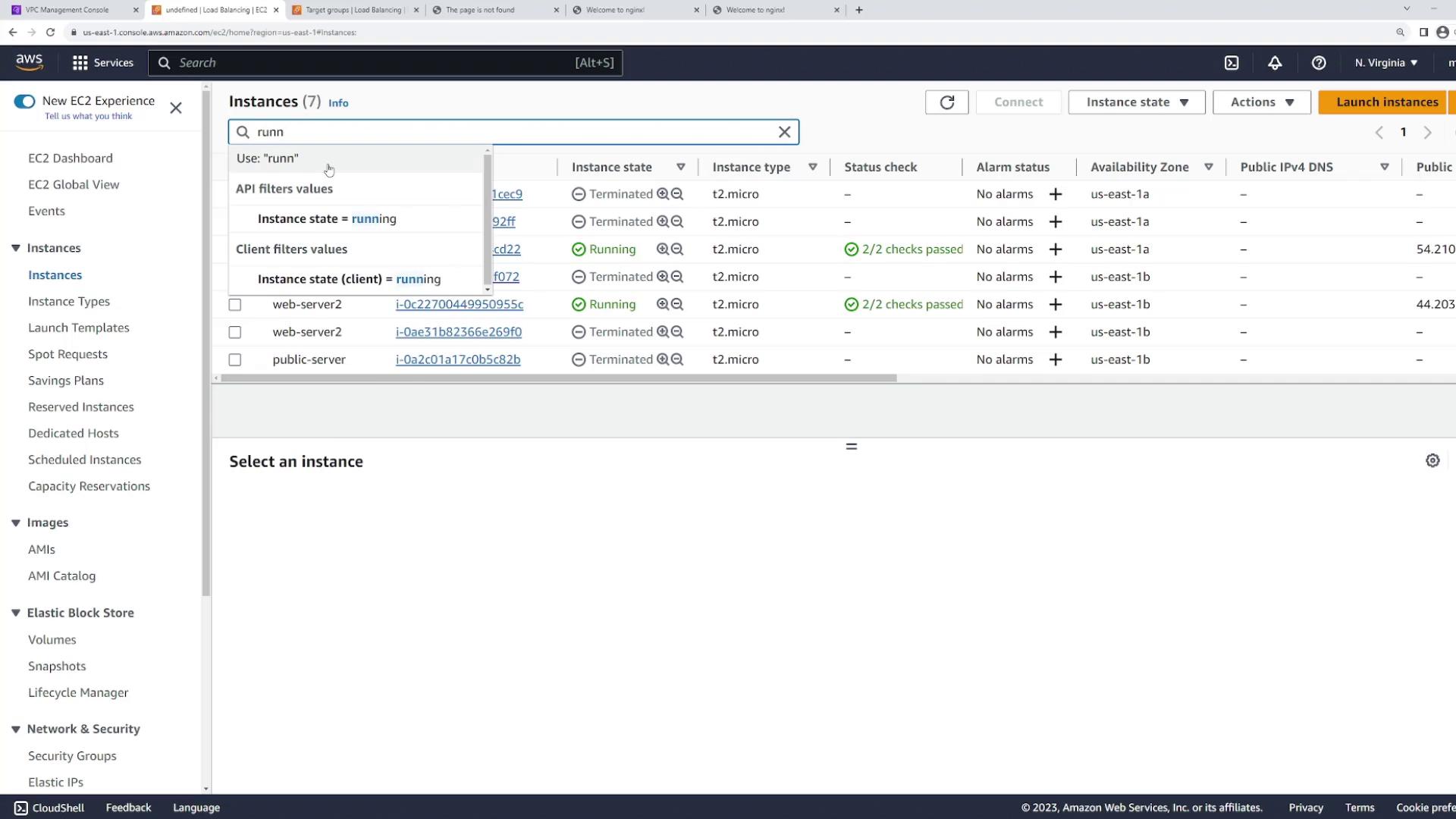 The image shows an AWS EC2 Management Console with a list of instances, some running and some terminated, along with their details like instance state, type, and status checks.